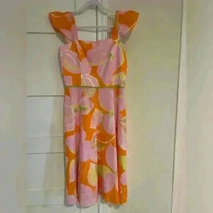 Maggy London Pink and Orange Midi Dress with Ruffle Sleeves- Size 12- EUC